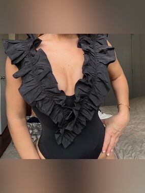Ruffled Deep V Black Bodysuit or swimsuit